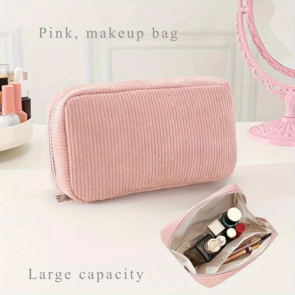 Pink Corduroy Makeup Bag With A Silvery Zipper And Large Capacity Convenient To Carry functional Suitable For Home Or Travel