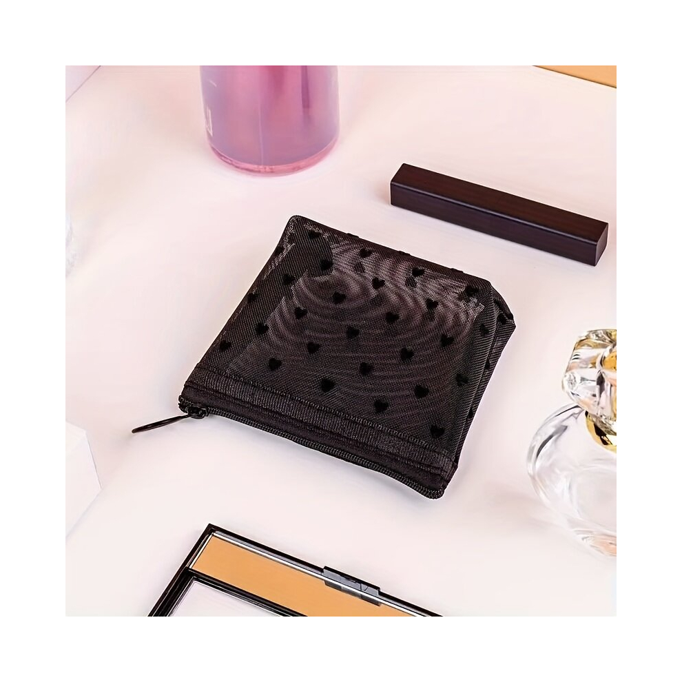 Heart Pattern Mesh Makeup Bag Cosmetic Zipper Pouch Cosmetics Organizer Portable Small Travel Storage Bag For Daily Or Travel To Keep Small Items