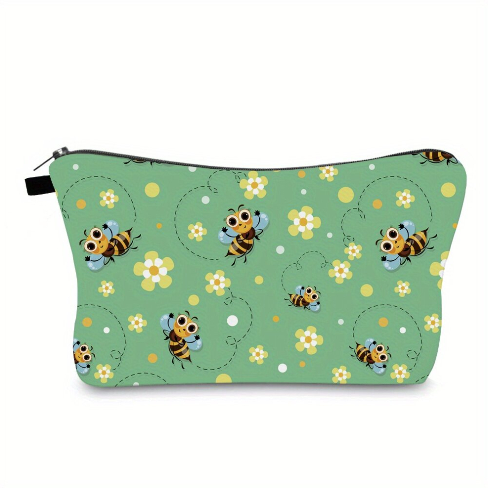 Adorable Flower Bee Print Cosmetic Bag for Teen Girls and Women Roomy and Waterproof Makeup Bag for Travel and Toiletry Organization
