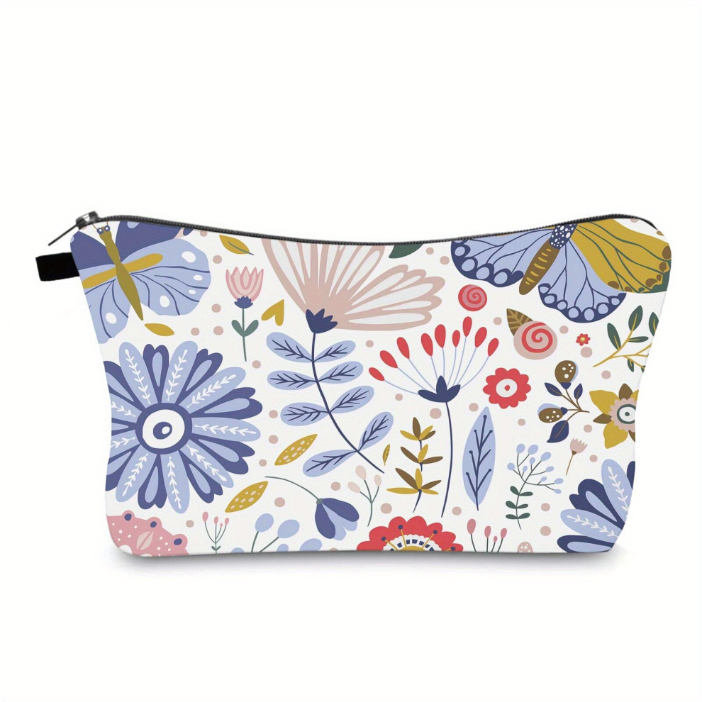 Waterproof Butterfly Grasses & Flowers Pattern Cosmetic Bag for Women Small Roomy and Organized Travel Makeup Pouch