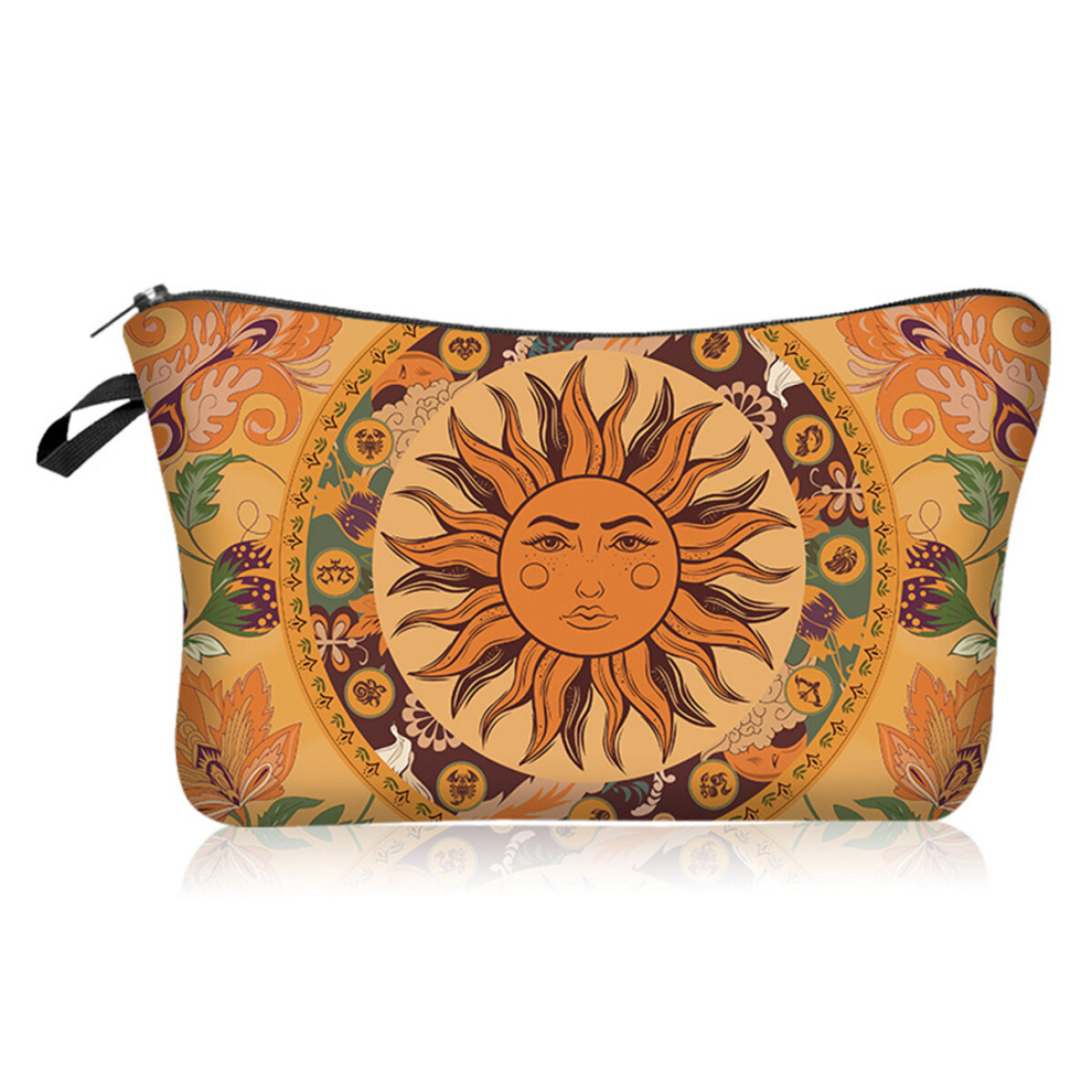 Orange Multifunctional Sun & Moon Pattern Makeup Bag Zippered Toiletry Pouch For Travel And Cosmetic Organization