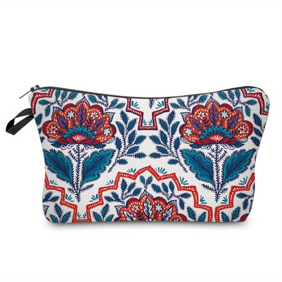 Adorable Vintage Floral Cosmetic Bag for Women Roomy and Multifunctional Makeup Bag with Dumpling Shape Geometric Pattern Perfect Travel Toiletry Bag