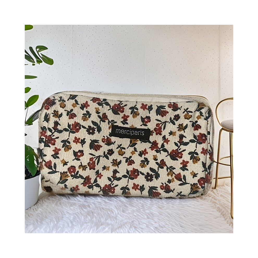 Corduroy Vintage Makeup Bag Roomy Makeup Brush Organizer Holder Zipper Pouch For Girls Women Students Stationery Case