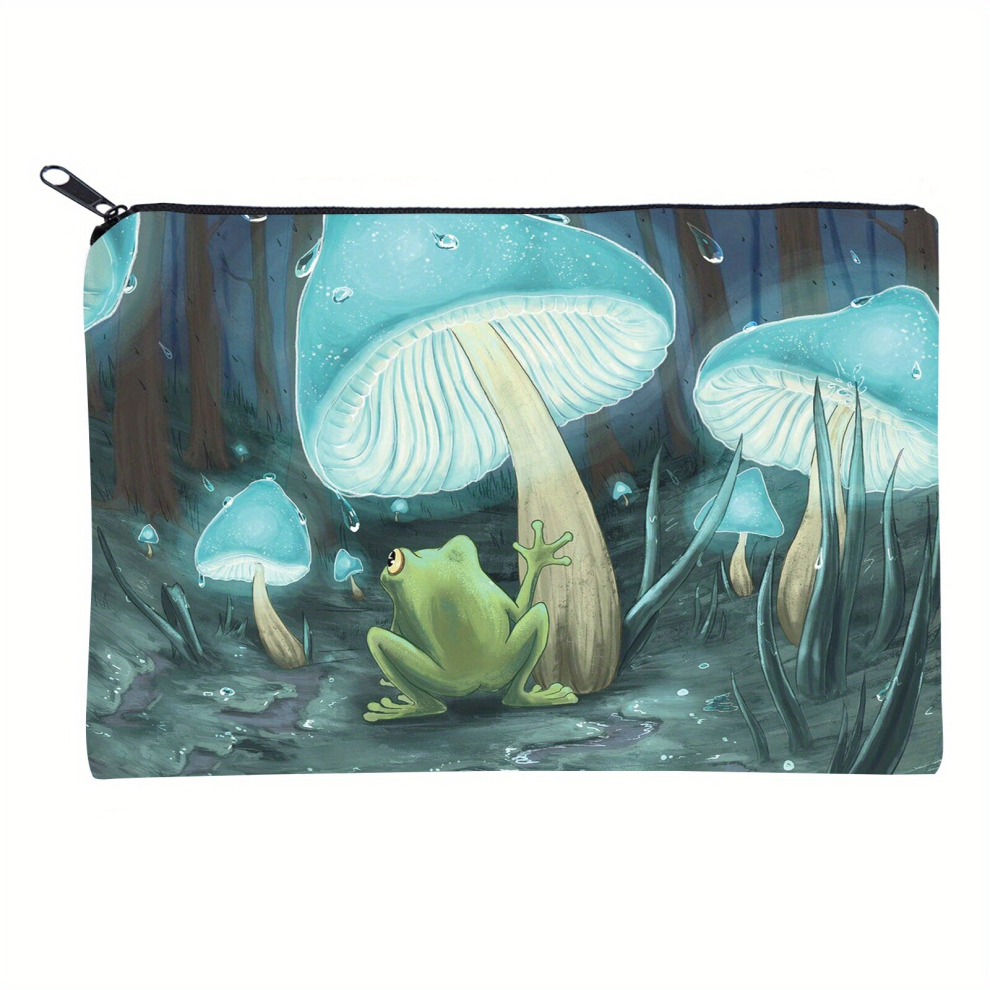 Multicoloured Frog & Mushroom & Rain Print Cosmetic Bag Square Portable Makeup Bag With Zipper Travel Toiletry Bag For Women