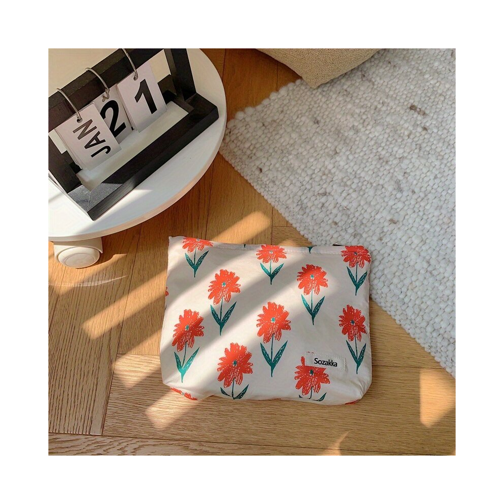 Multicoloured 1Pc Floral Makeup Bag For Women With Zipper Cosmetic Bags With Flower Pattern Travel Makeup Pouch For Purse