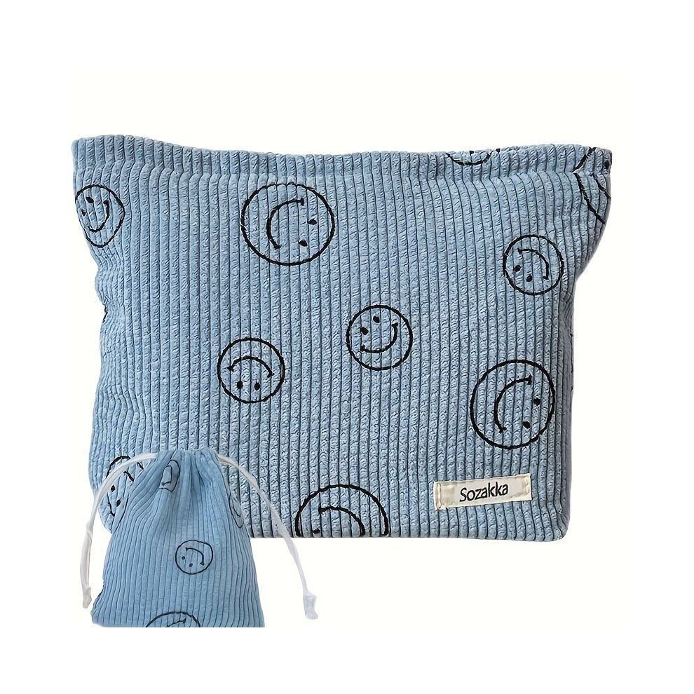 2 Pcs Smile Face Corduroy Cosmetic Bag Preppy Makeup Bag Smile Dots Makeup Pouch With Zipper For Women Toiletry Travel Girls