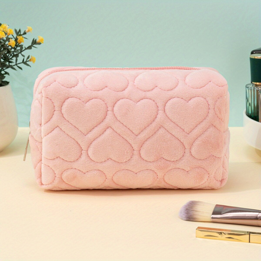 Heart Embossed Makeup Bag Cosmetic Organizer Pouch For Girls And Women Roomy Travel Portable Toiletry Bag Accessories Organizer