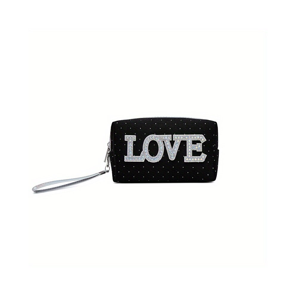 Multicoloured Queen Love Letter Cosmetic Toiletry Bag Rhinestone Varsity Patches Waterproof Portable Small Clutch Purse For Women And Girls