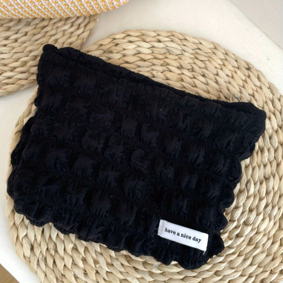 Black Ruched Makeup Bag Waffle Makeup Organizer Pouch Make Up Bag Y2k Purse Cosmetic Bag For Purse