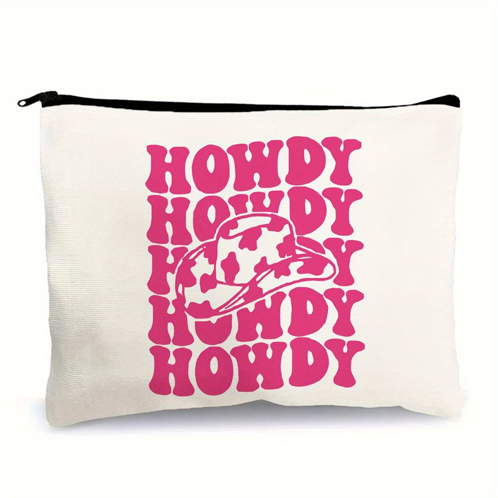 Makeup Pouch Hot Pink Retro Western Cow Print Cowboy Hat Howdy Preppy Cosmetic Bags With Zipper Travel Toiletry Case Cowgirl For Teen Girls