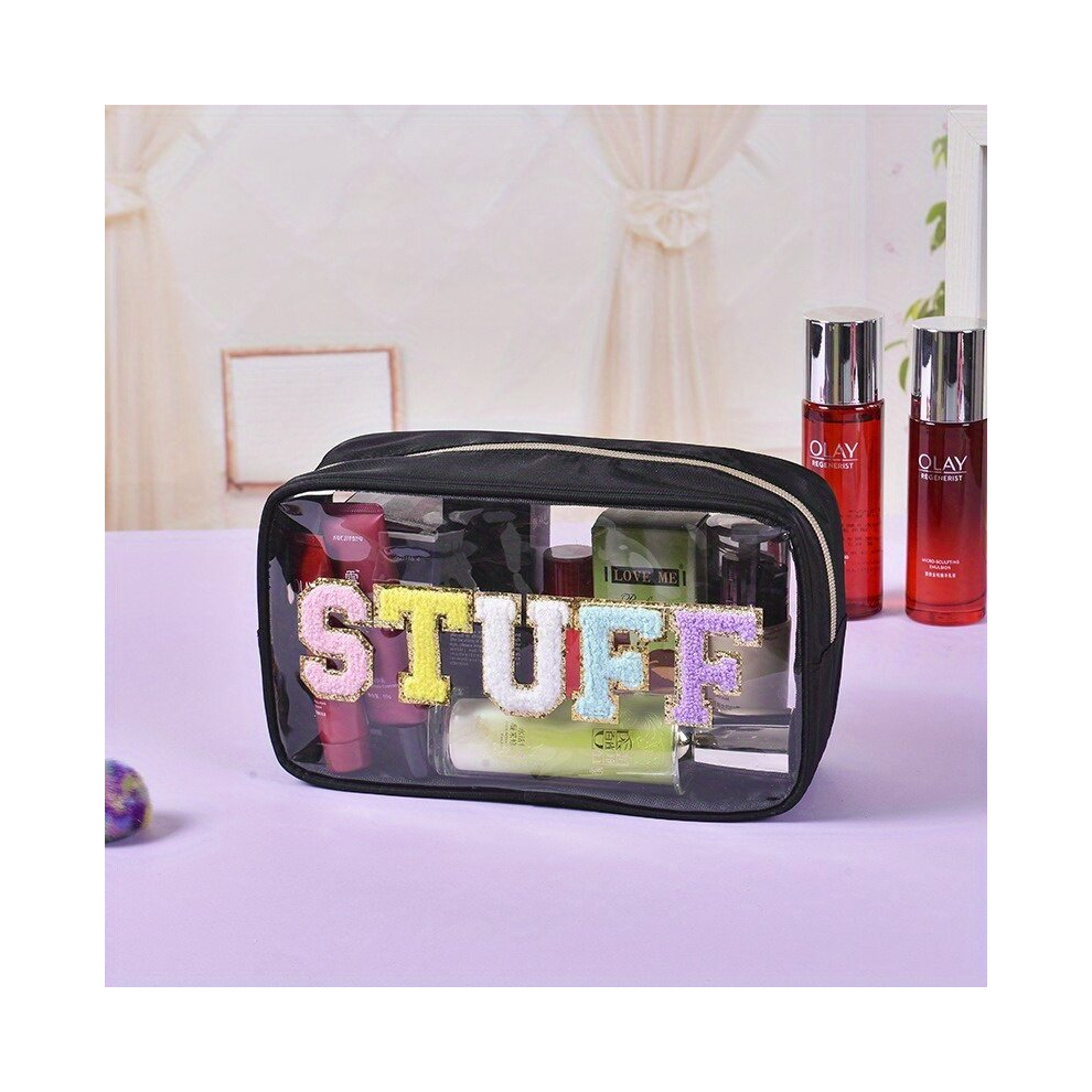 Clear Chenille Letter Makeup Bag For Travel Preppy Patch Stuff Make Up Bag PVC Waterproof Toiletry Pouch For Women Girls