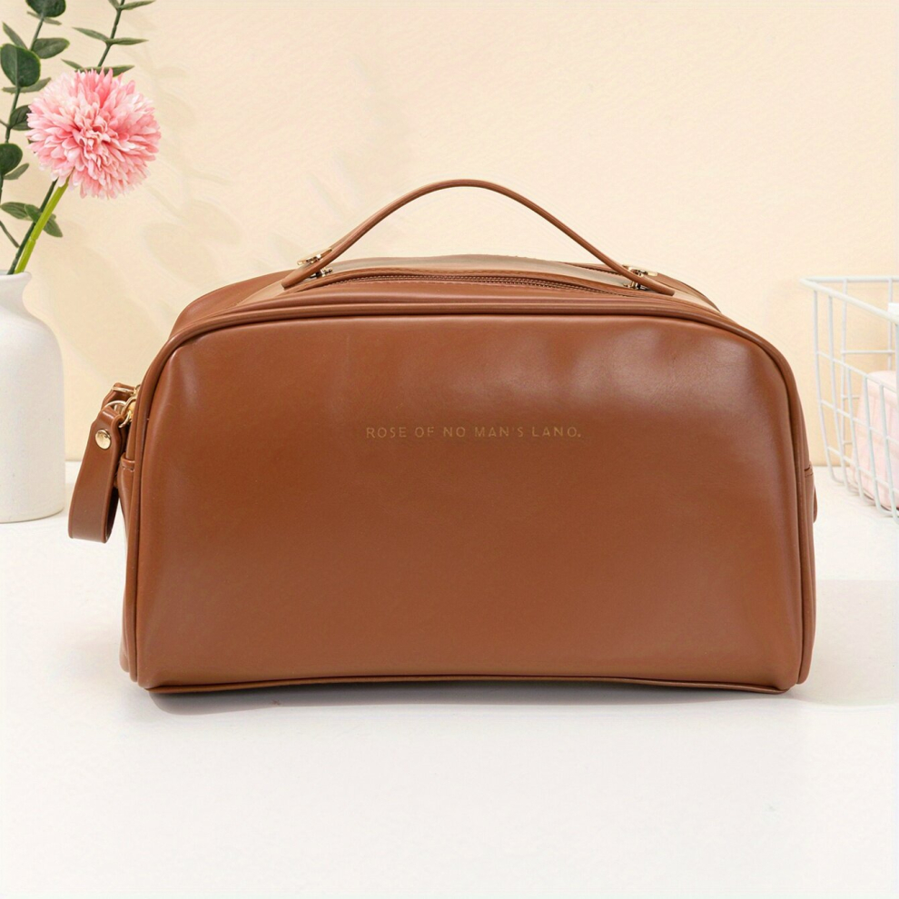 Brown Large Capacity Travel Cosmetic Bag For Women Makeup Bag Pu Leather Waterproof Skincare Bag Multifunctional Storage Travel Toiletry Bag