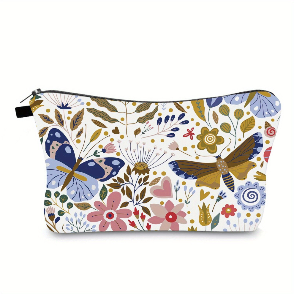 Butterfly Grasses & Flowers Cosmetic Bag For Women Small Roomy Zipper Makeup Pouch Travel Accessories Organizer For Toiletries Waterproof Makeup Bag