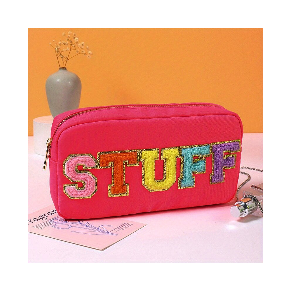 Nylon Preppy Makeup Bag Organizer With Chenille Letter Patch Skin Care Travel Toiletry Bags For Teen Girls Make Up Cosmetic Zipper Pouch For Women