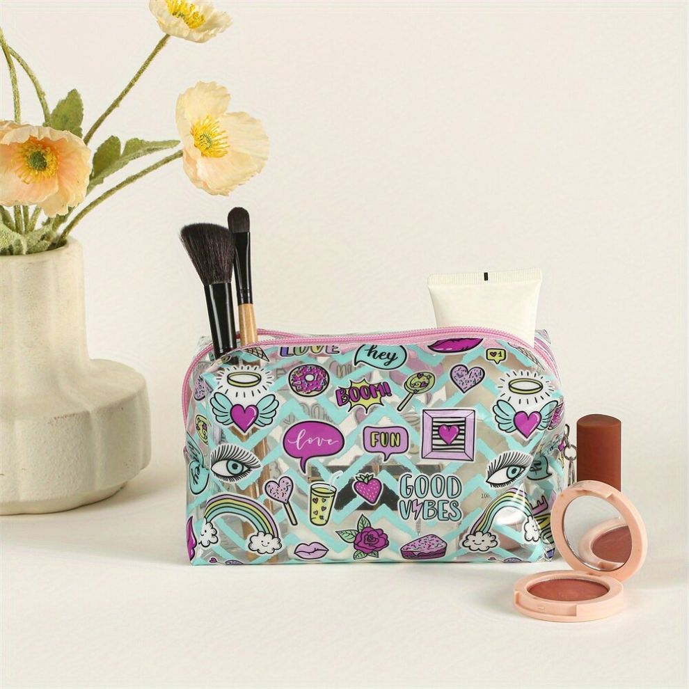 Rainbow Heart Pattern Makeup Bag PVC Waterproof Roomy Zipper Makeup Pouch Colorful Creative Portable Travel Organizer Female Gift For Daughter Mom Wom