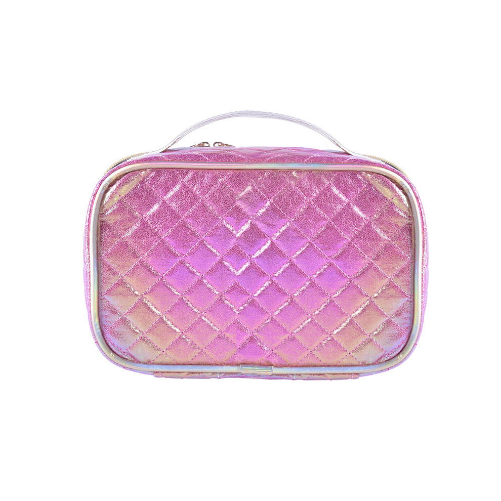 Multicoloured Large Capacity Hand Cosmetic Bag Portable Waterproof Toiletry Bag Handle Zipper Plaid Pattern Shimmery Colorful Pu Leather Makeup Toiletries Bag