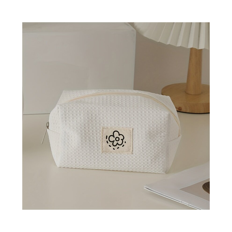Multicoloured Flower Patch Decor Makeup Bag Waffle Lightweight Cosmetic Bag Portable Roomy Zipper Pouch For Girls And Women