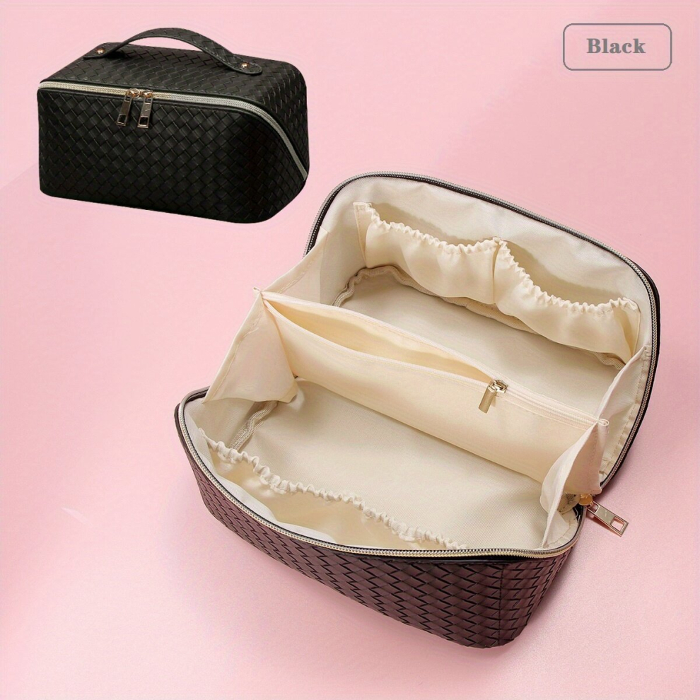 Black Large Capacity Travel Cosmetic Bag Pu Waterproof Portable With Handle And Divider Multifunctional Bag Makeup Accessories For Women
