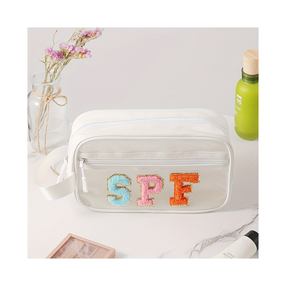 SPF Makeup Bag with Preppy Letter Patch Perfect Beach Travel Purse for Teen Girls and Women Small Toiletry Makeup Traveling Stuff Organizer