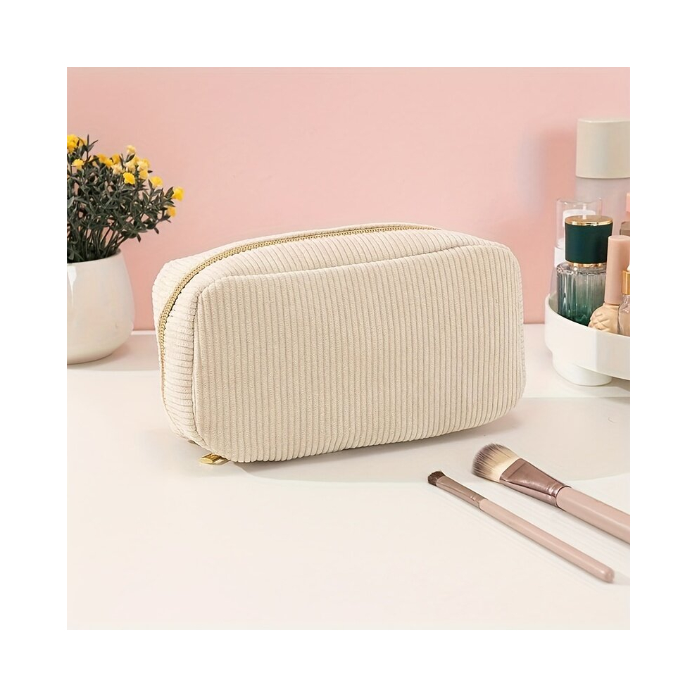 Corduroy Beige Makeup Bag Roomy Zipper Travel Bag Makeup Brush Holder Organizer Bag For Women