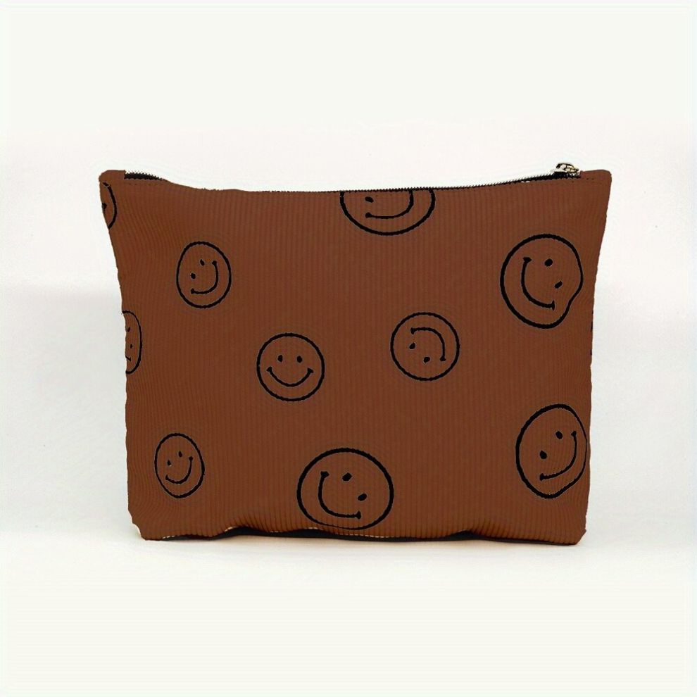 Adorable Smile Face Corduroy Makeup Bag Washable Toiletry Pouches for Women Perfect for Travel and Skincare Brown