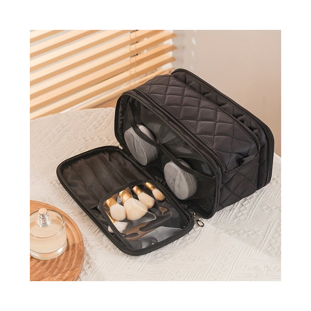 Quilted Rhombus Travel Makeup Bag Large Capacity Cosmetic Bag With Brush Organizer Portable Zip Toiletry Bag With Compartments Travel Makeup Pouch Cas