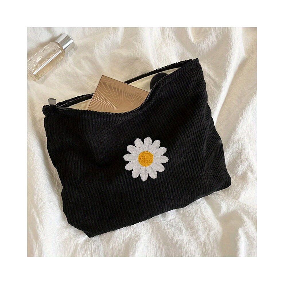 Black Large Capacity Daisy Corduroy Cosmetic Bag Portable Makeup Storage Bag For Women Stylish And Convenient Makeup Bag