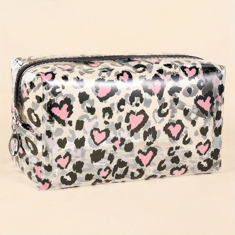 Adorable Leopard Heart Pattern Cosmetic Bag for Women Roomy and Water Resistant Makeup Bag with Clear Organizer for Travel and Holiday