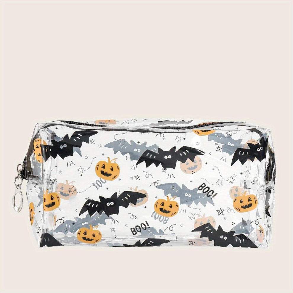 Halloween Pumpkin & Bat Print Cosmetic Bag PVC Waterproof Square Roomy Makeup Bag Travel Toiletry Bag Accessories Organizer Halloween Gift For Men And