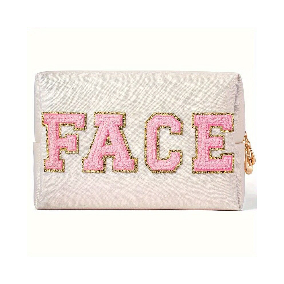1 pc Versatile Plush Letter Patched Makeup Pouch Roomy Travel Toiletry Bag with Zipper Closure