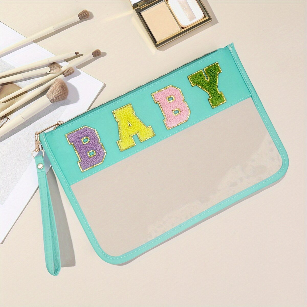 Embroidered Letter Clear Makeup Bag For Women Waterproof Cosmetic Clear Pouch Purse Nylon Preppy Travel Bag For Women Girl With Wrist Strap