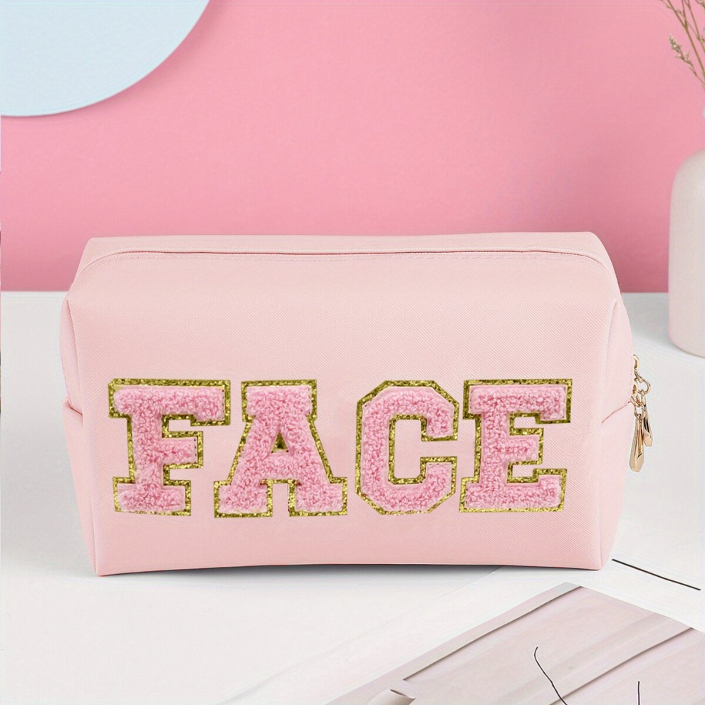Preppy Patch Cosmetic Toiletry Bag For Women Letters PU Leather Portable Makeup Bag Zipper Pouch Storage Purse Waterproof Organizer For Travel