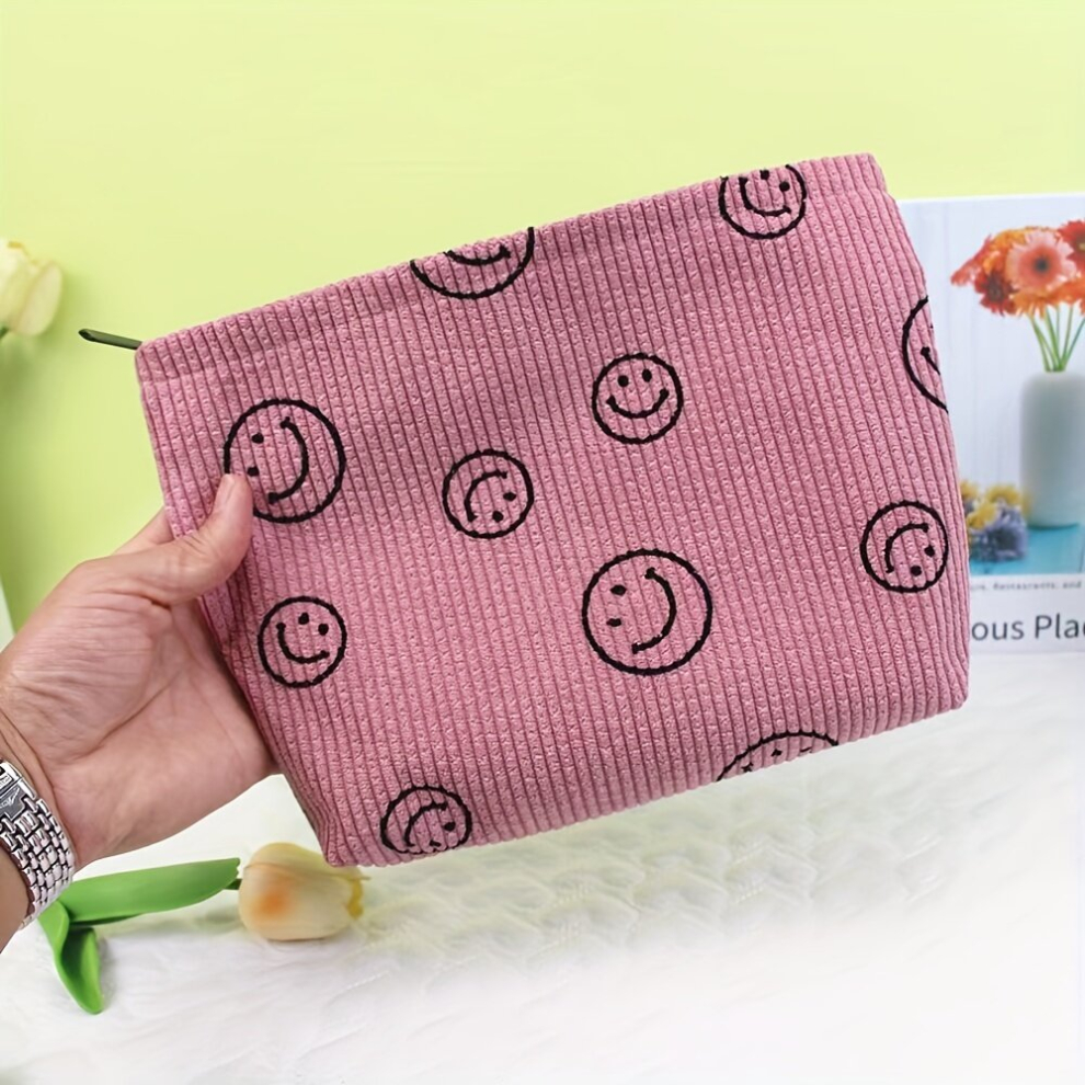 Corduroy MakeUp Bag Organizer Vintage Travel MakeUp Brush Bag Classic Smile Face Print Make Up Purse Pouch With Zipper Toiletry Bag Preppy Stuff