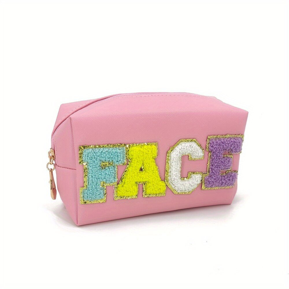 Multicoloured And Stylish Preppy Patch Makeup Bag Waterproof Pu Leather Cosmetic Bag With Chenille Letter For Daily Use And Travel Perfect Toiletry Bag For Women