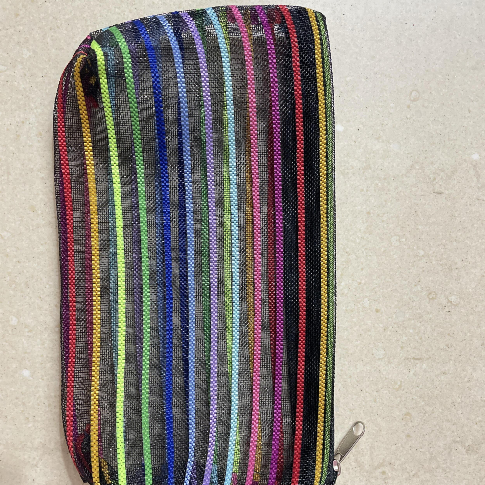 Colorful Striped Mesh Makeup Bag Travel and Office Supplies Organizer with Zipper Perfect for Cosmetics and Toiletries