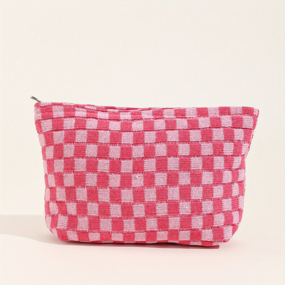 Pink Grid Print Large Cosmetic Bag Travel Toiletry Bag Knit Makeup Bag Handbag Gift For Women Girls
