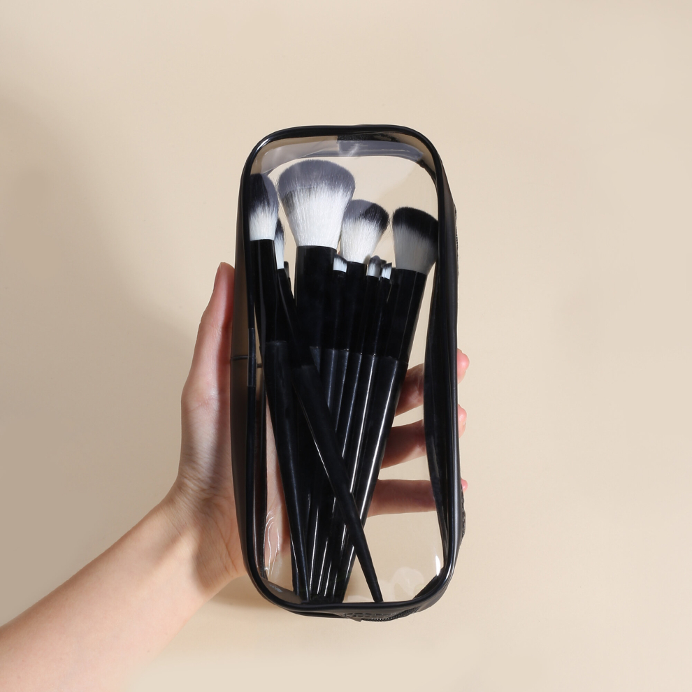 Black Stylish Clear Pvc Makeup Pouch With Zipper Perfect For Holding Makeup Brushes And Cosmetics