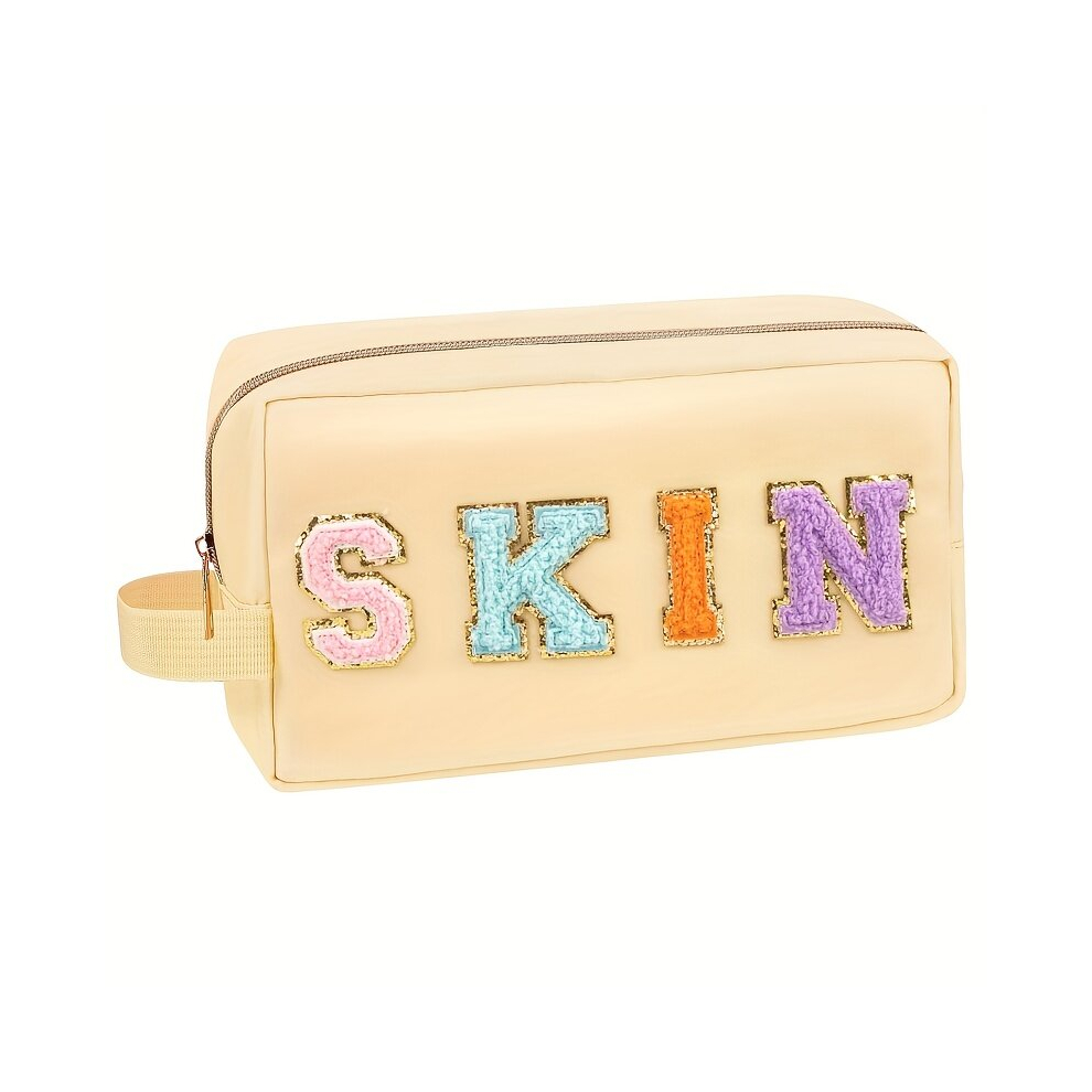Preppy Patch Makeup Bag Chenille Letter Makeup Bag With Handle Waterproof Portable Small Travel Makeup Zipper Pouch Purse Small Nylon Toiletry Bag For