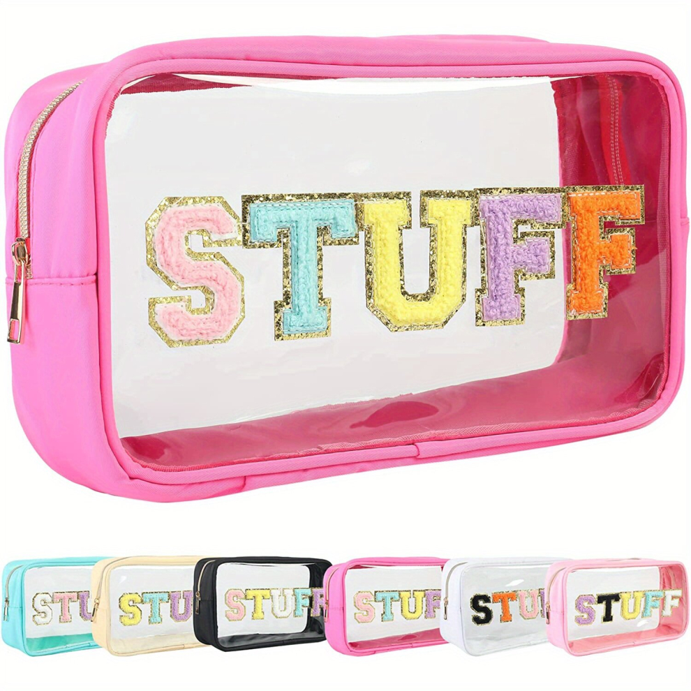 Pink Large Clear Chenille Letters Makeup Bag For Travel Preppy Patch Stuff Make Up Bag Glitter Chenille Letters Cosmetic Bag Stuff Makeup Bags Toiletry Stu