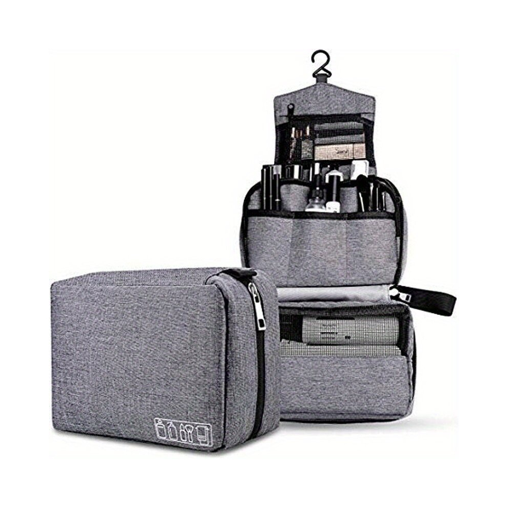 Grey Toiletry Bag Hanging Makeup Organizer Portable Waterproof Cosmetics Bag With Hook For Men And Woman