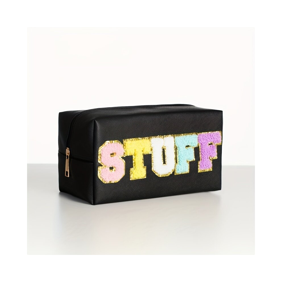 Multicoloured 1Pcs Cosmetic Bag Preppy Makeup Stuff Bag For Women Travel Toiletry Organizer With Chenille Letter Patches Stuff
