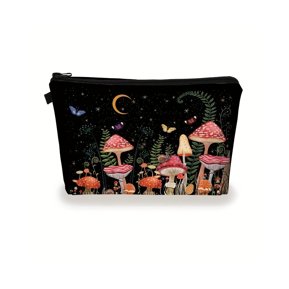 Black 1Pc Portable Mushroom Print Makeup Bag Cosmetic Case Travel Organizer Bag Toiletry Storage Pouch For Purse Women Girls