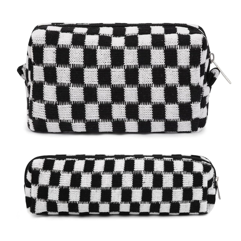 Multicoloured 2 Pcs Makeup Bag Checkered Cosmetic Bag Zipper Makeup Pouch Travel Toiletry Bag Organizer Makeup Brushes Storage Bag For Women