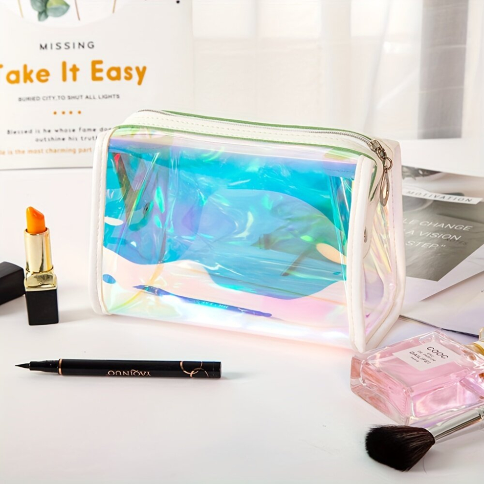 Laser Trapezoidal Makeup Bag Modern Holographic Portable Zipper Makeup Storage Bag Waterproof Toiletry Bag For Home & Travel Use