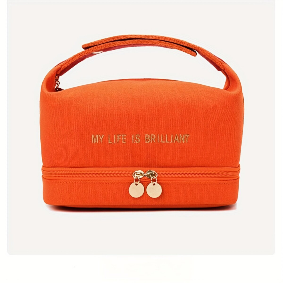 Orange Travel Cosmetic Bag Double Layer Makeup Bag Roomy With Brush Compartments Portable Makeup Pouch For Women