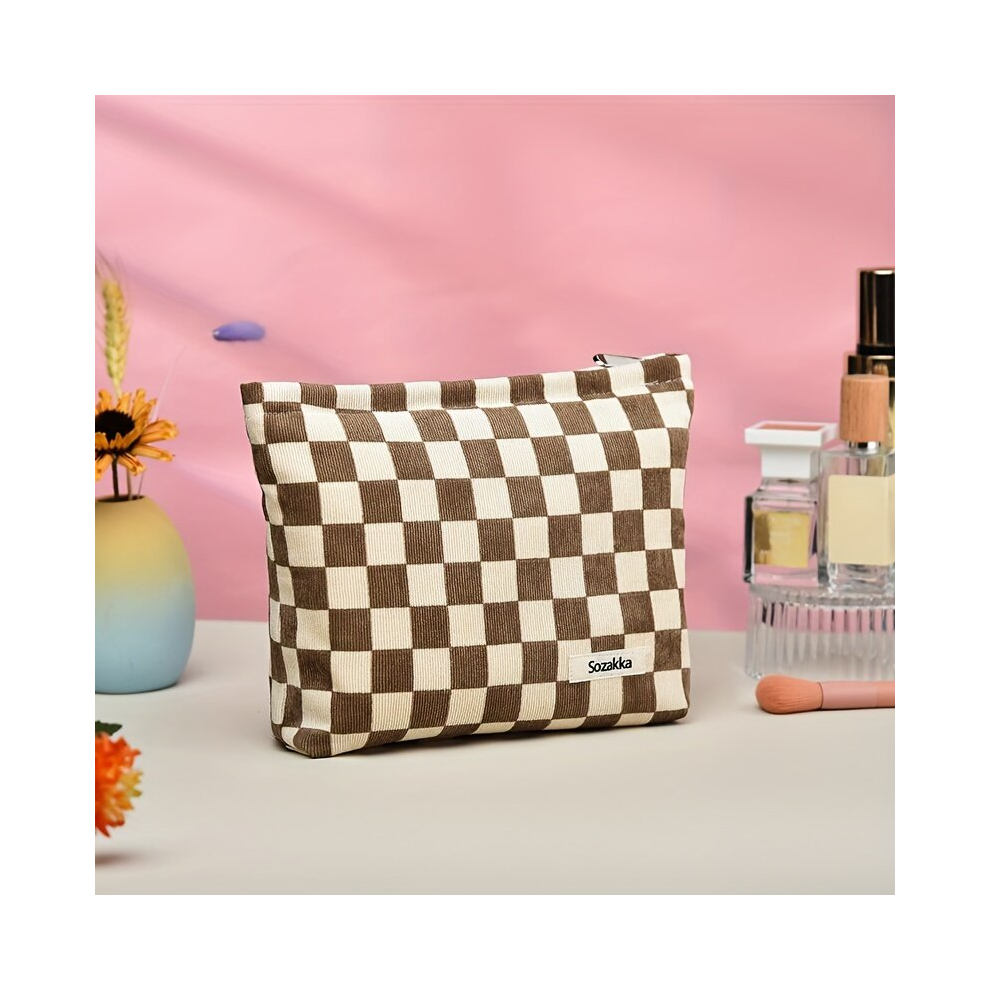 Multicoloured Makeup Bag Light Brown Checkered Cosmetic Bag Zipper Pouch Large Capacity Corduroy Makeup Bag Travel Toiletry Bag Cosmetic Organizer For Women And Gir