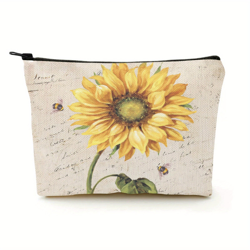 Yellow Travel Makeup Bag Organizer Roomy Makeup Pouch With Zipper Storage Cosmetic Pouch For Women Sunflower Vintage Pattern