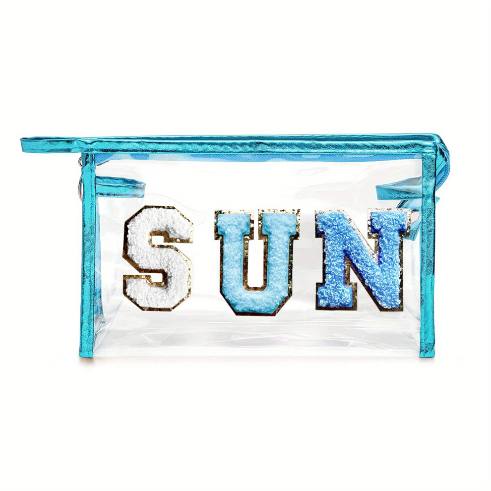 1Pc Clear SPF SUN Sunscreen Bag Makeup Cosmetic Pouch Organizer For Women Teen Girls Beach Travel Preppy Chenille Varsity Letter Patch Waterproof Tran