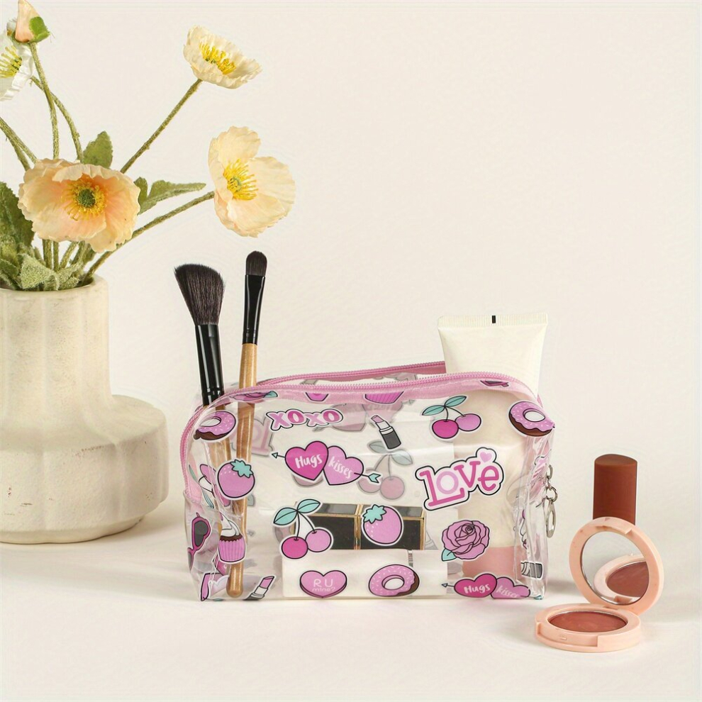 Heart Donut Pattern Makeup Bag PVC Waterproof Roomy Zipper Makeup Pouch Portable Travel Organizer Female Gift For Daughter Mom Women Girls Friends