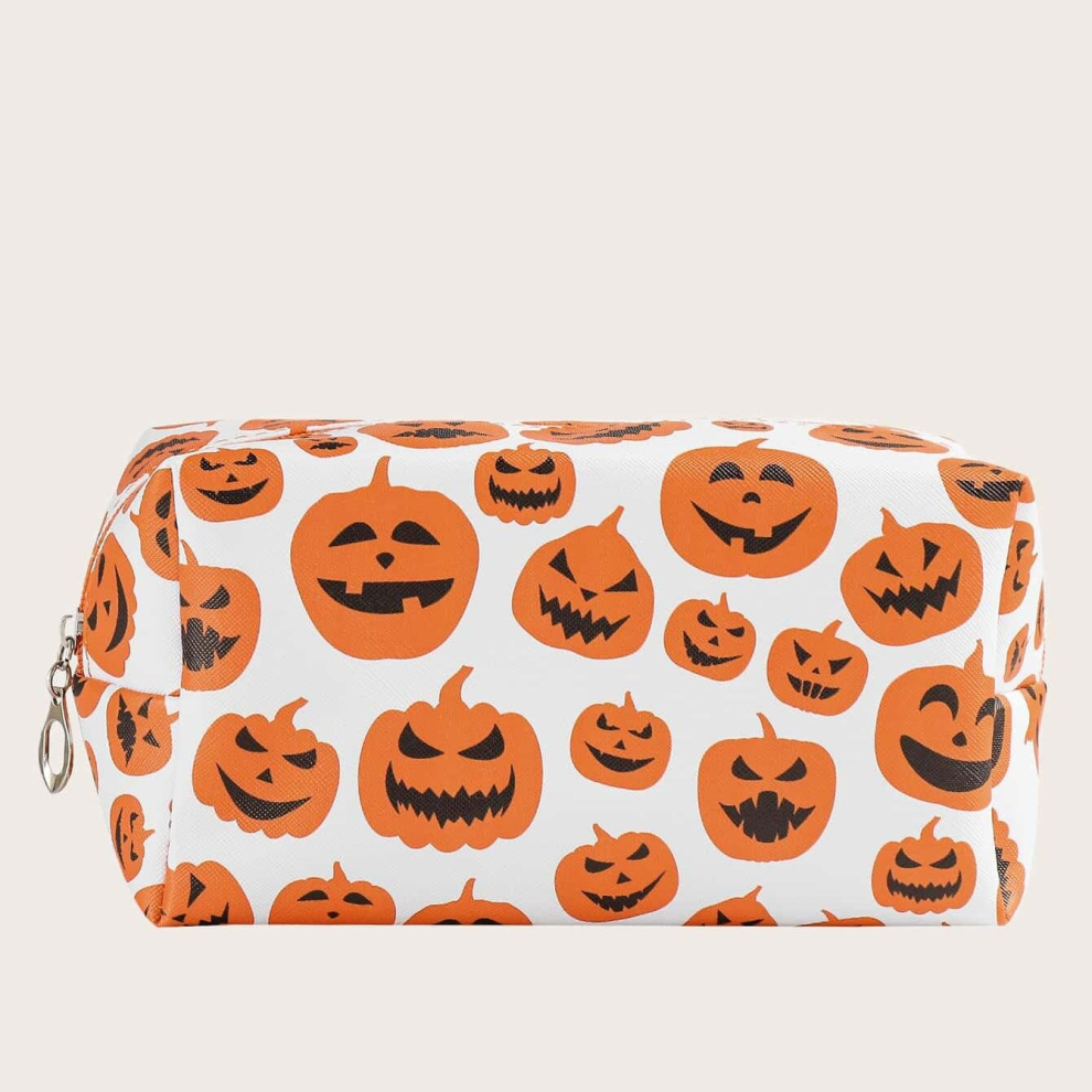 Halloween Pumpkin Print Makeup Bag Zipper Roomy Square Makeup Pouch Travel Toiletries Organizer Gift For Girls Women Men Kids
